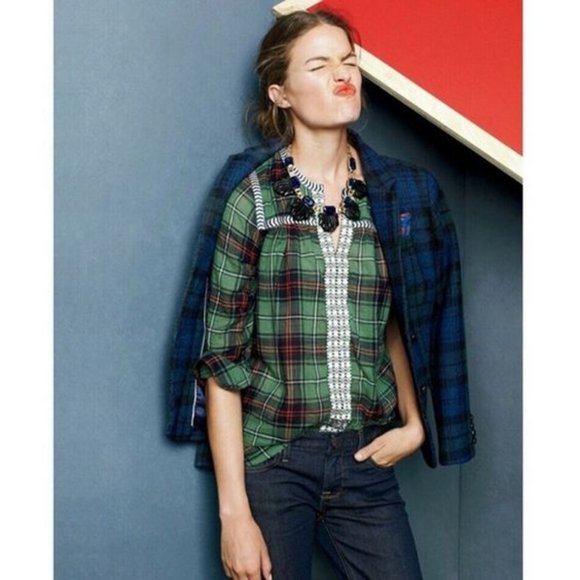 J. Crew 07599 Green Holiday Tartan Plaid Embroidered Popover V Neck Blouse 0 - Picture 1 of 14
